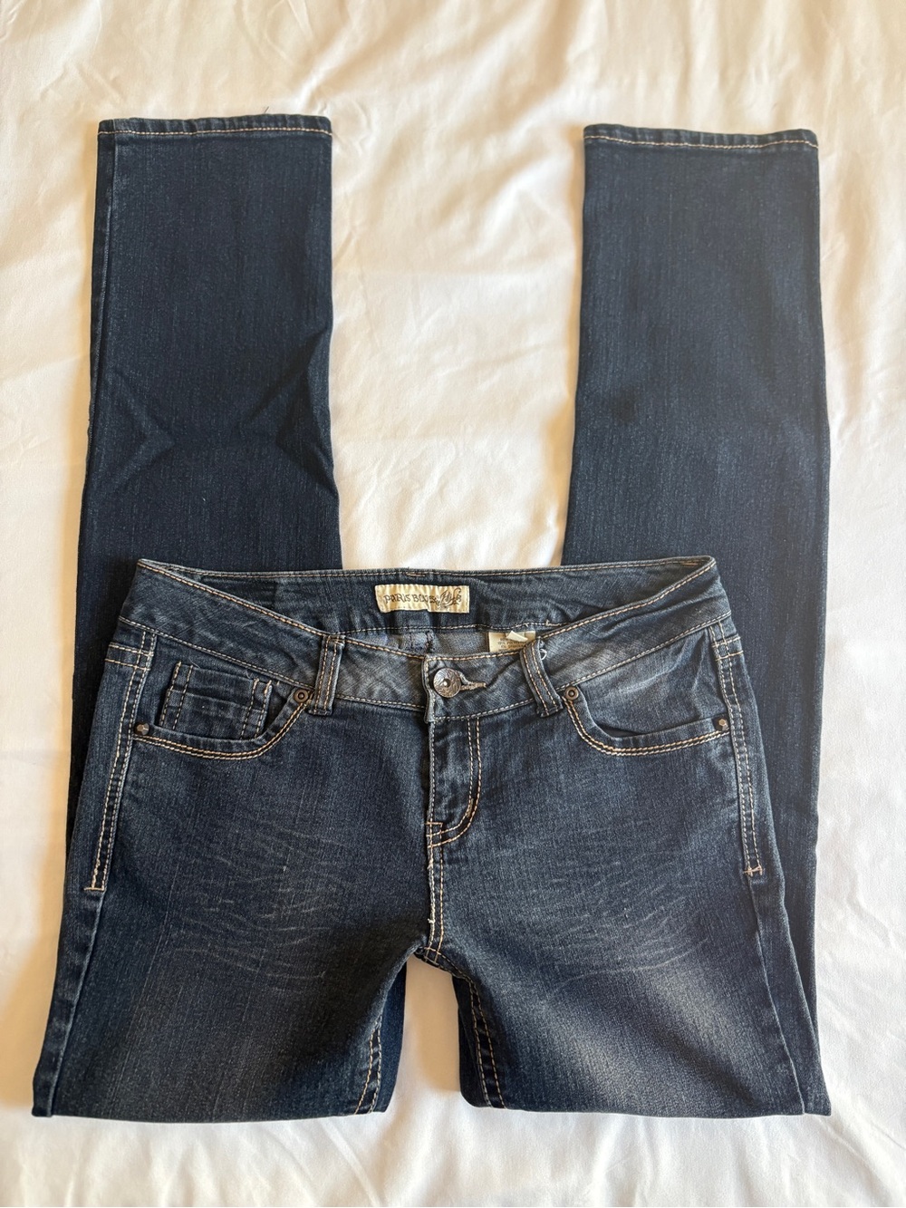 Paris Blues Dark Wash Skinny Jeans Y2K Low Rise Embroidered Pocket Vintage
